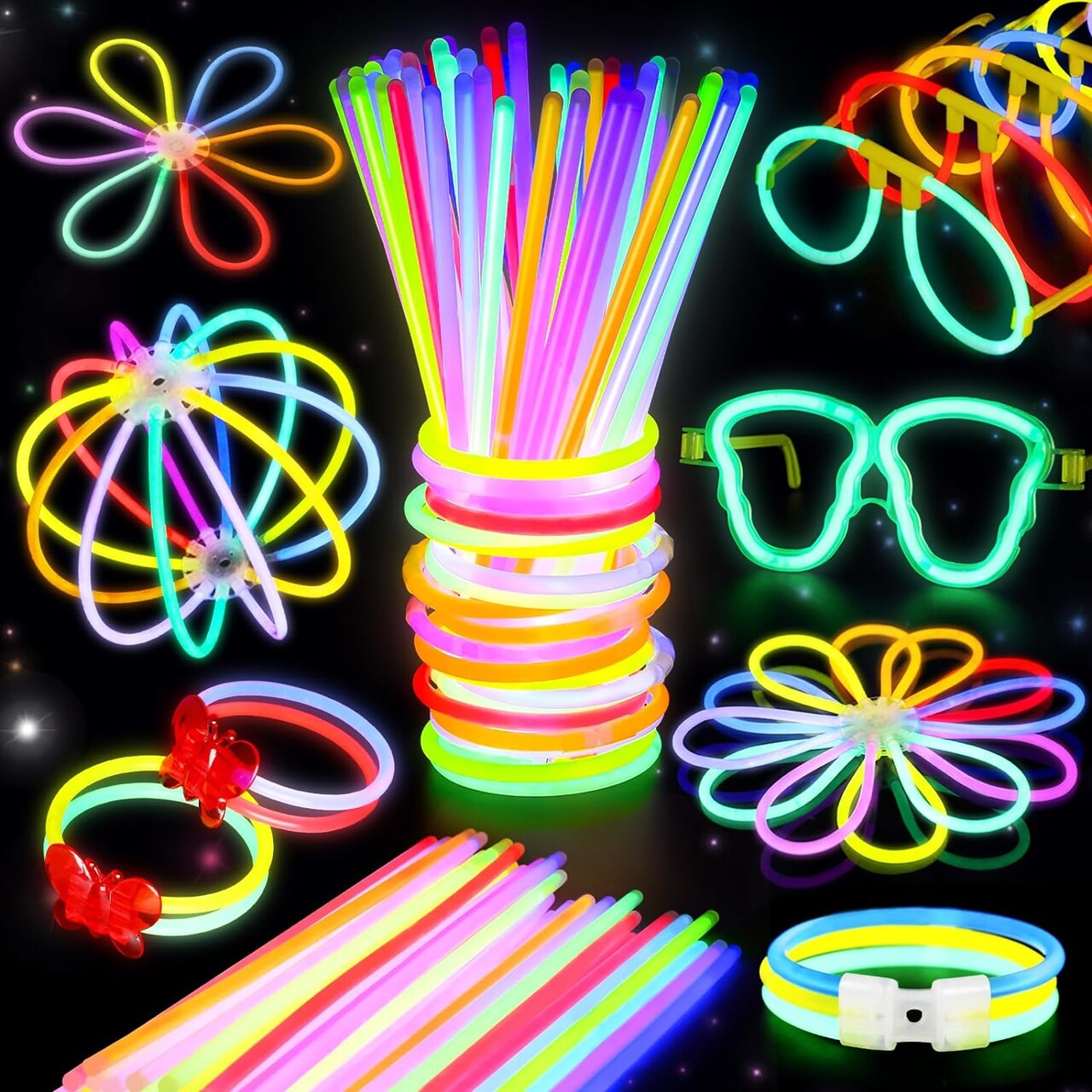 467Pcs Glow Sticks Party Favors for Kids Adults 200 GlowSticks Bulk 8 Colors 8 Inch & 267 Connectors for Glow in the dark Necklace Bracelets Glasses Party Supplies Neon 4th of July Accessories